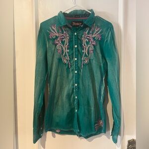 Roar Western Cowgirl teal purple shirt medium zipper back